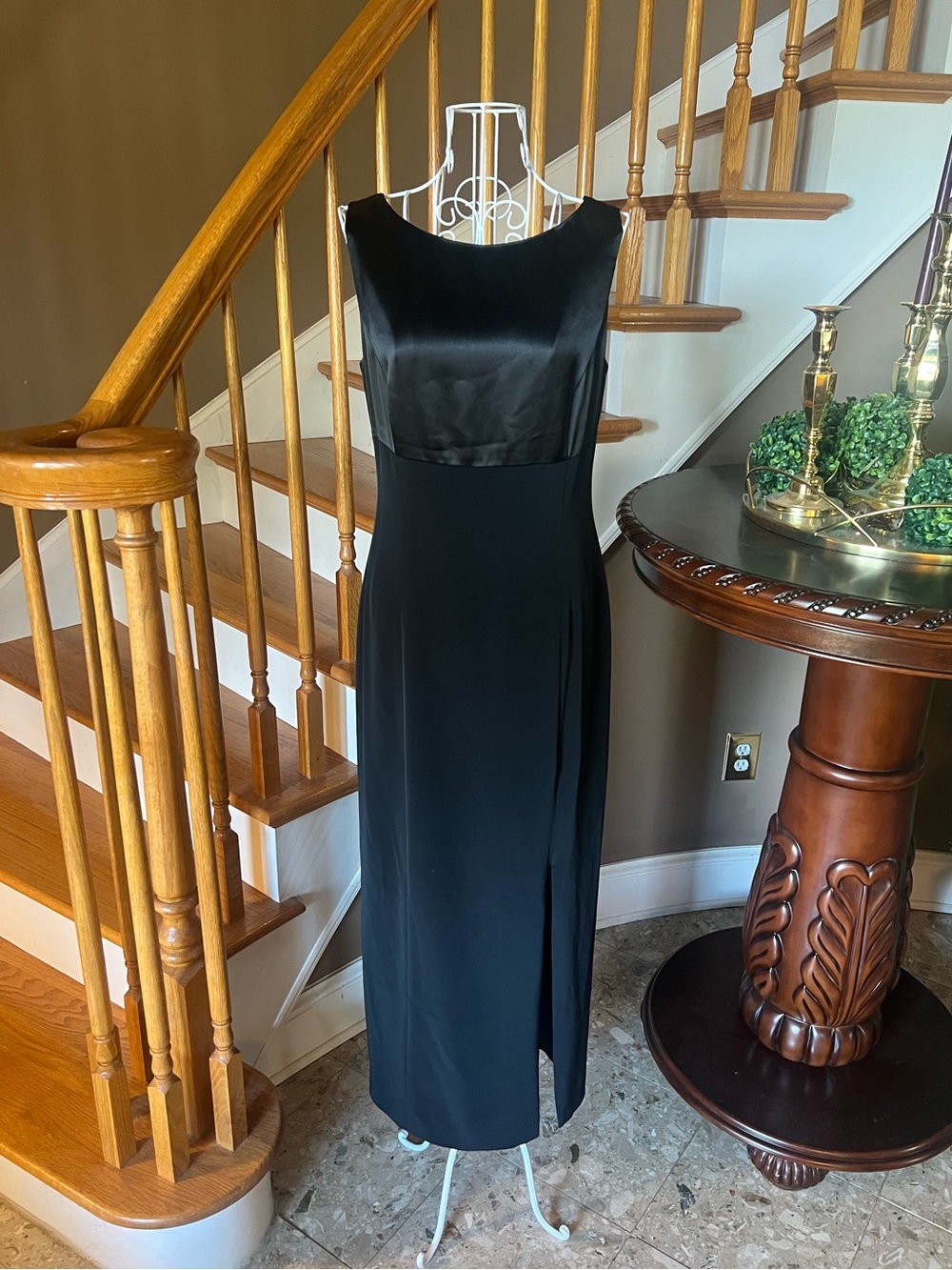 Jones New York Vtg Black Satin Empire Waist Midi Cocktail Bow Dress Formal Sz 8